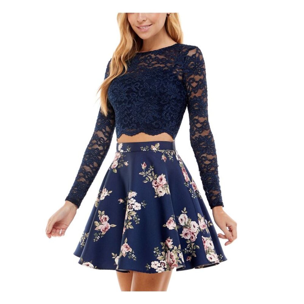 NWT CITY STUDIO Womens Circle Mini Dress Navy Long Sleeve Prom Lined Juniors 13